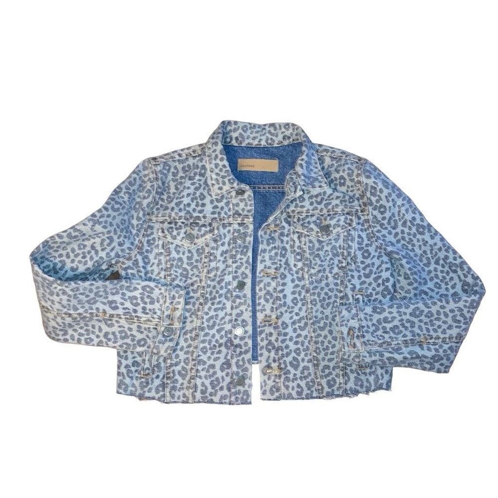 NWT GRLFRND Size Small Cara Denim Cropped Leopard Animal Print Jean Jacket